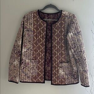 Reversible Quilted Open Front Women's Jacket in Plum/yellow/cream paisley